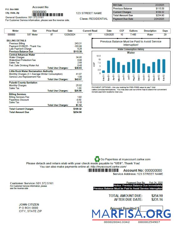 Blank USA CARKW utility bill template in Worrd and PDF formats
